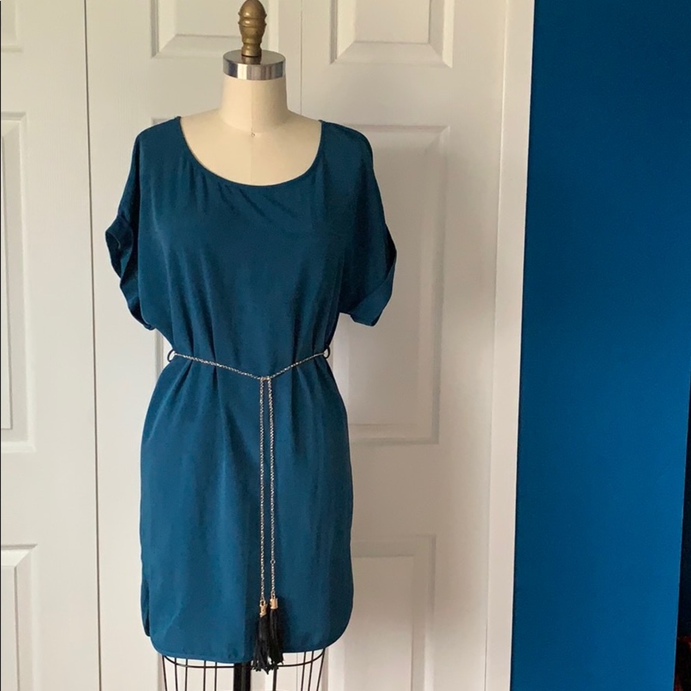 Chain Belted Teal Shirt Dress